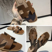 Luxury Designer Summer Shoes for Women Sandals 2021 Genuine Leather Women Slippers Brand Logo Square Toe Ladies Beach Slides RB1