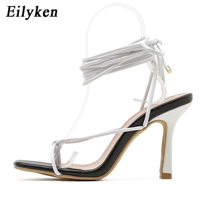 Eilyken New Fashion Sexy Lace Up Women Sandals Square Toe Thin Heel Cross Tied Party Shoes High Heel 9CM Black White Size 35-42
