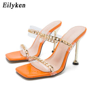 Eilyken Clear PVC Transparent High Heel Slippers Summer Fashion Chain Design Slip On Square Toe Slides Women Mules Pumps