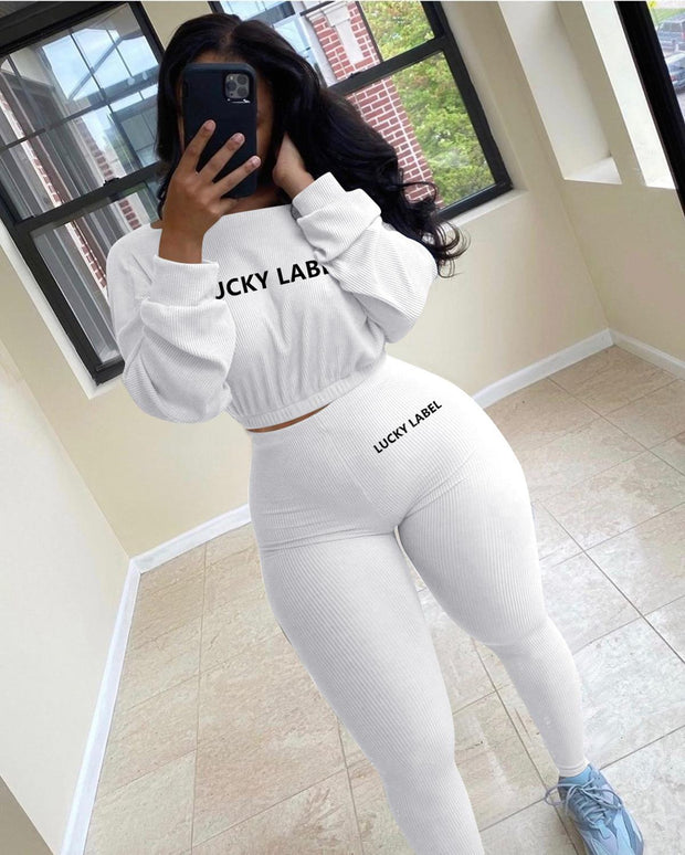 Winter Solid Lucky Label Letter Embroidery Two Piece Sets Women Sweatshirt+Leggings Casual Sporty Tracksuits Female