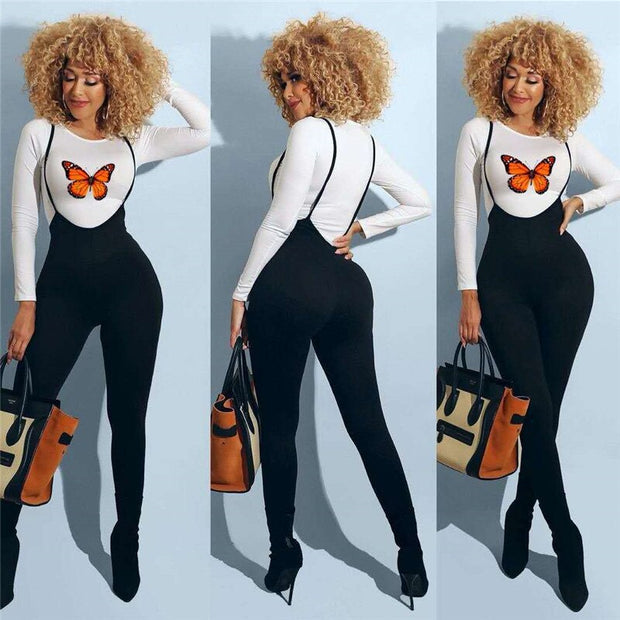 Lucky Label Two Piece Set Women Fall Clothes Outfit Butterfly Print Top Suspender Trousers Bodycon Pants Wholesale Dropshipping
