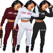 New Style Lucky Label 2 Piece Set Women Hooded Top Outfits Tracksuit Sport Pants Sweater Matching Set Girl Wholesale Dropshpping