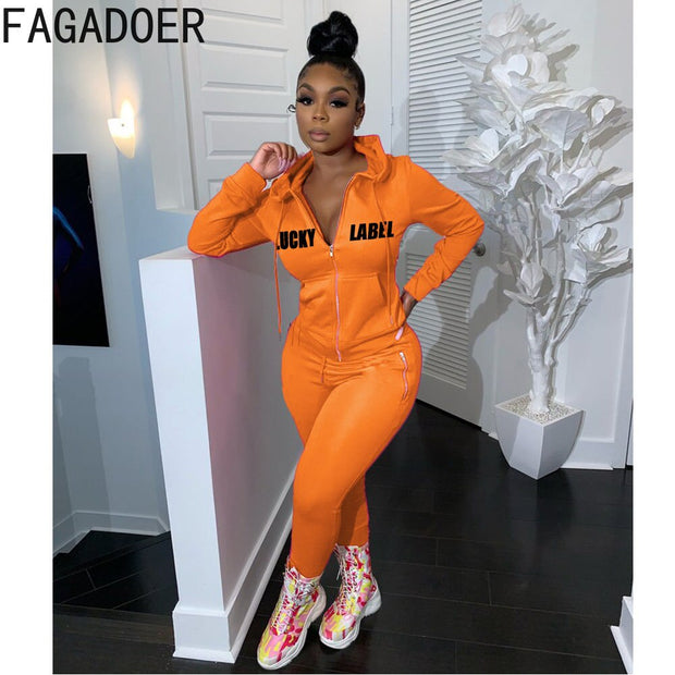 FAGADOER Fashion Lady Lucky Label Letter Print Tracksuits Women Zipper Hooded Long Sleeve Top And Pants Two Piece Sets Outfits