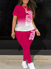 Plus Size Two Piece Pink Letter Print tracksuit Pants Set Matching Outfits