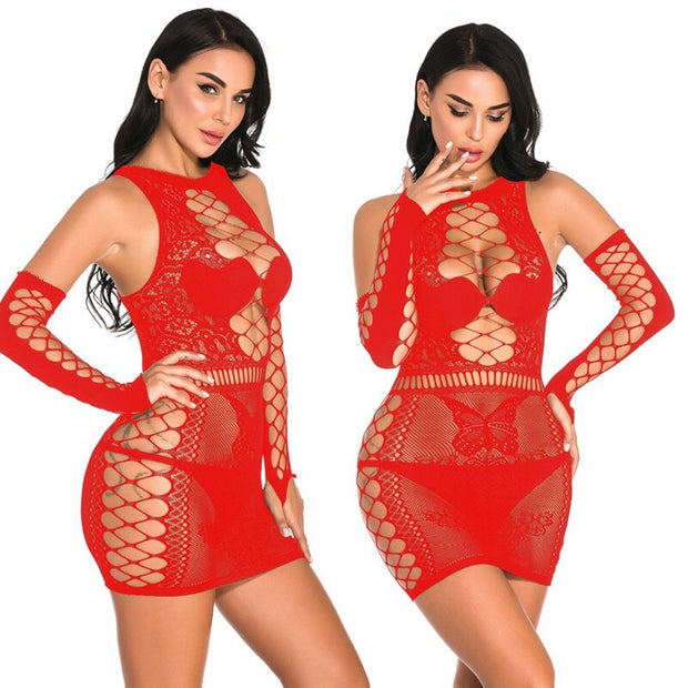 Women Tight Night Club Party Hollow Out Mesh Dress Sexy Fashion V Neck Perspective Mini Short Dress With Gloves Stretch Dresses