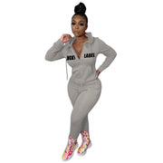 FAGADOER Fashion Lady Lucky Label Letter Print Tracksuits Women Zipper Hooded Long Sleeve Top And Pants Two Piece Sets Outfits