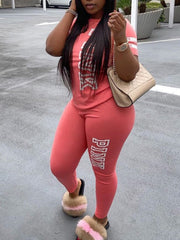 Plus Size Two Piece Pink Letter Print tracksuit Pants Set Matching Outfits