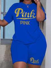 Plus Size Two Piece Pink Letter Print tracksuit Shorts Set Matching Outfits