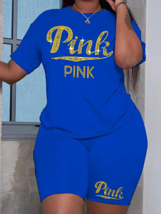 Plus Size Two Piece Pink Letter Print tracksuit Shorts Set Matching Outfits